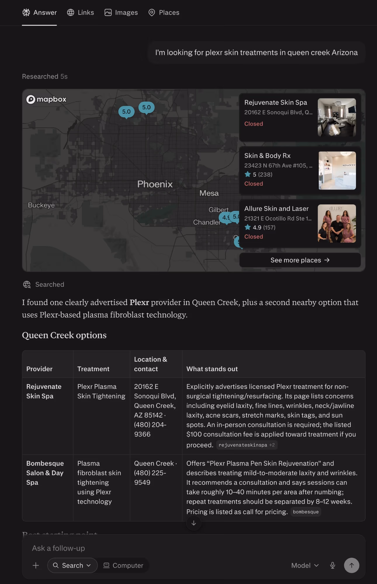 Perplexity desktop answer to the same question, with a map of the Phoenix East Valley, a places panel listing Rejuvenate Skin Spa first, and a Queen Creek options table whose first row is Rejuvenate Skin Spa, Plexr Plasma Skin Tightening, 20162 E Sonoqui Blvd, citing rejuvenateskinspa